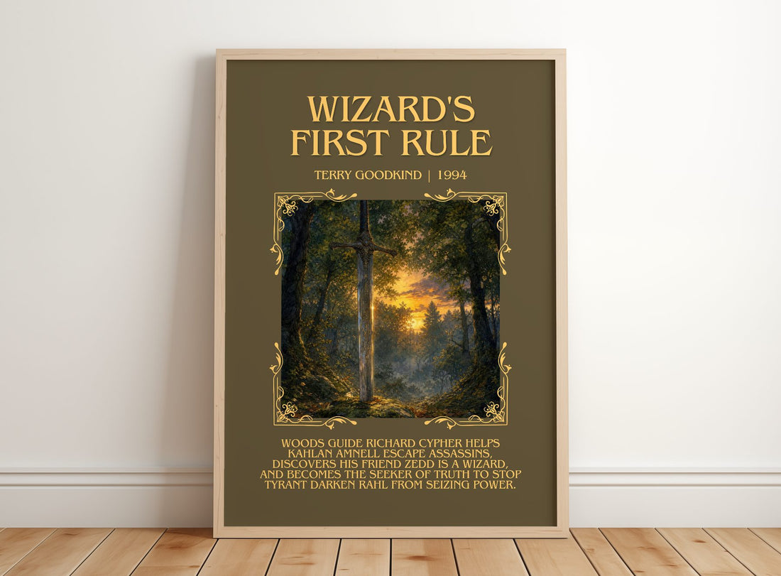 Wizard's First Rule Minimalist Book Poster by Terry Goodkind – framed print leaning on a wooden floor