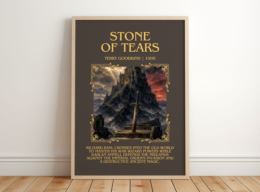 Stone of Tears Minimalist Book Poster by Terry Goodkind – framed print leaning on a wooden floor
