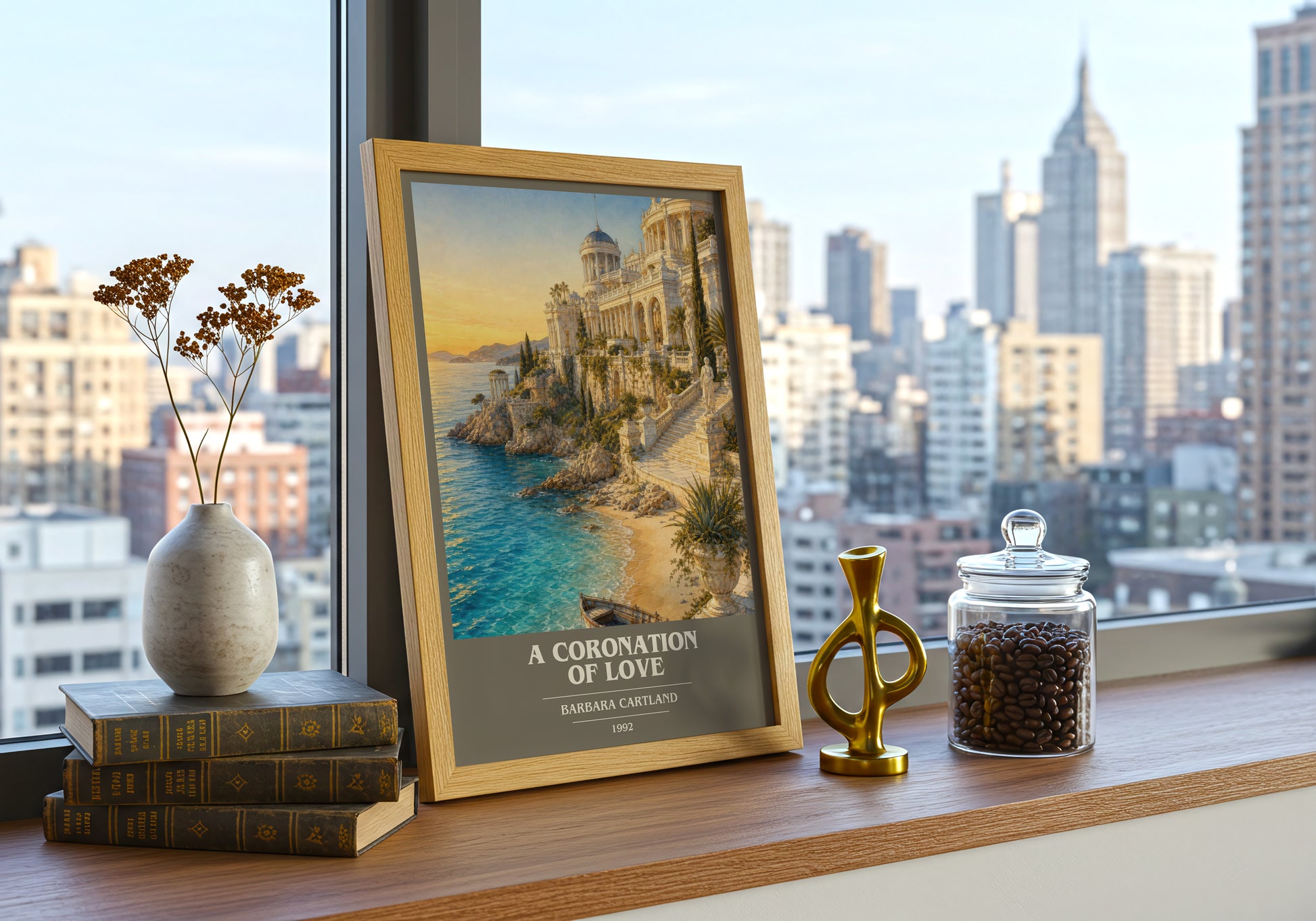 A Coronation Of Love book cover print framed by window – literary home decor