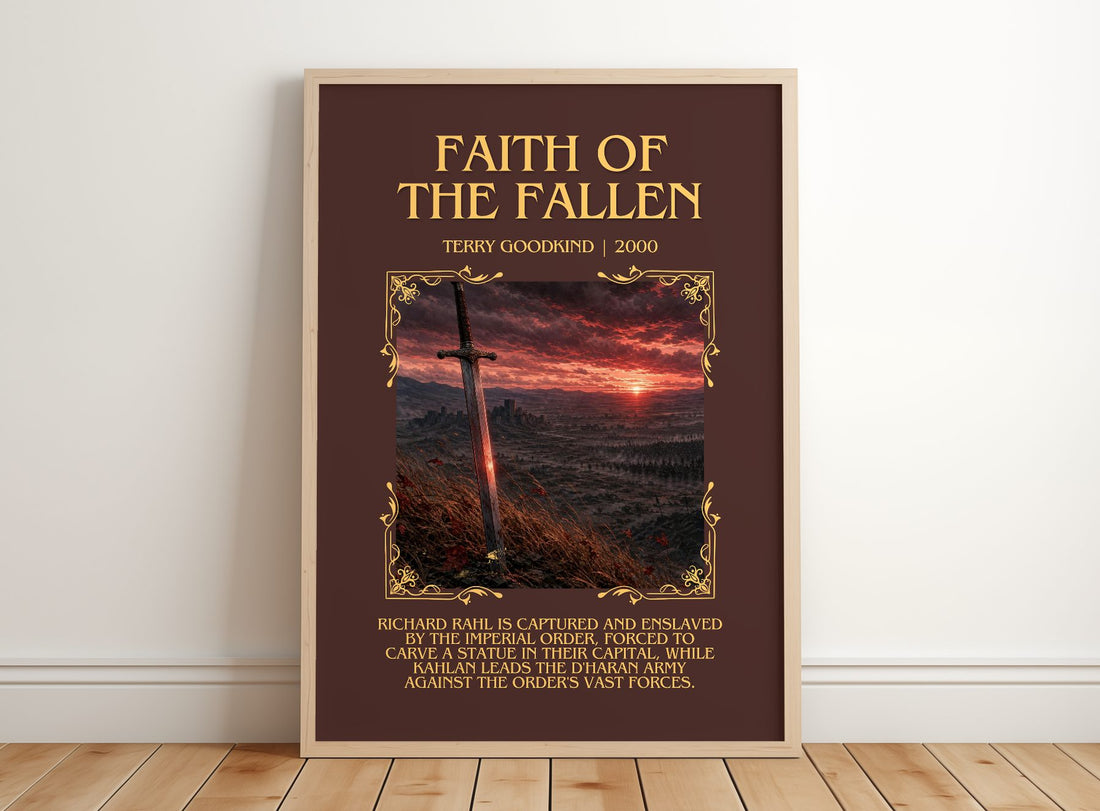 Faith of the Fallen Minimalist Book Poster by Terry Goodkind – framed print leaning on a wooden floor