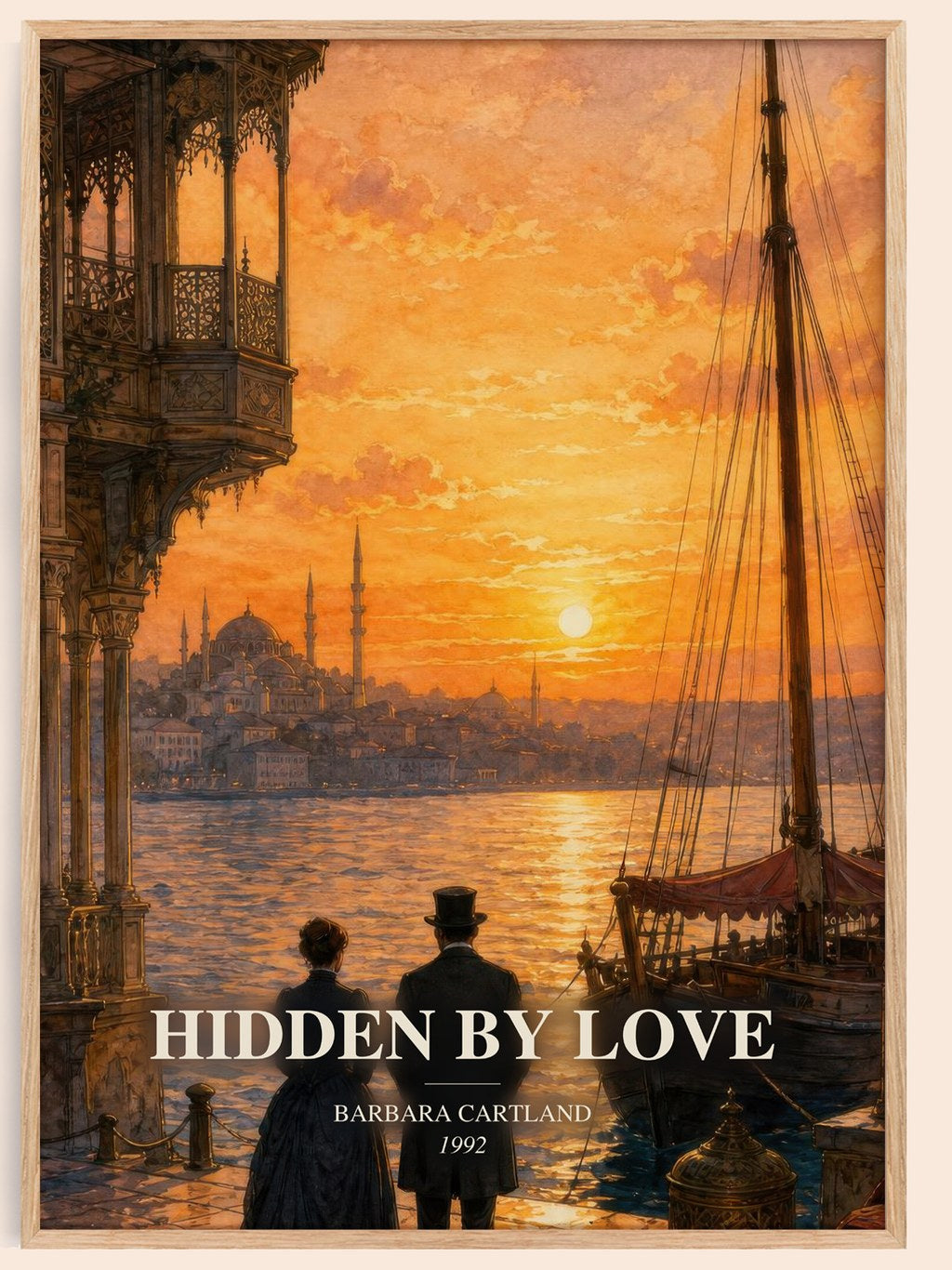 Hidden By Love watercolour book poster by Barbara Cartland – framed literary art print