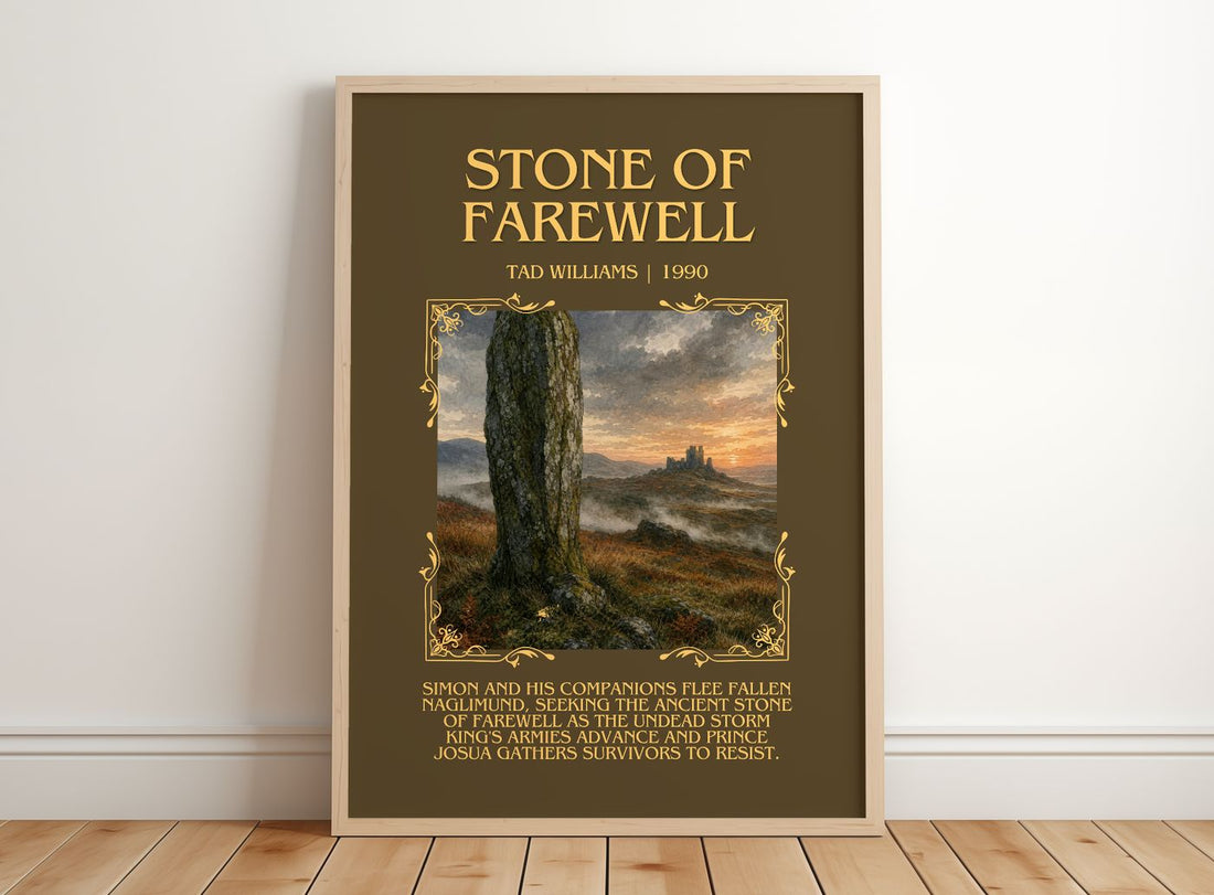 Stone of Farewell Minimalist Book Poster by Tad Williams – framed print leaning on a wooden floor