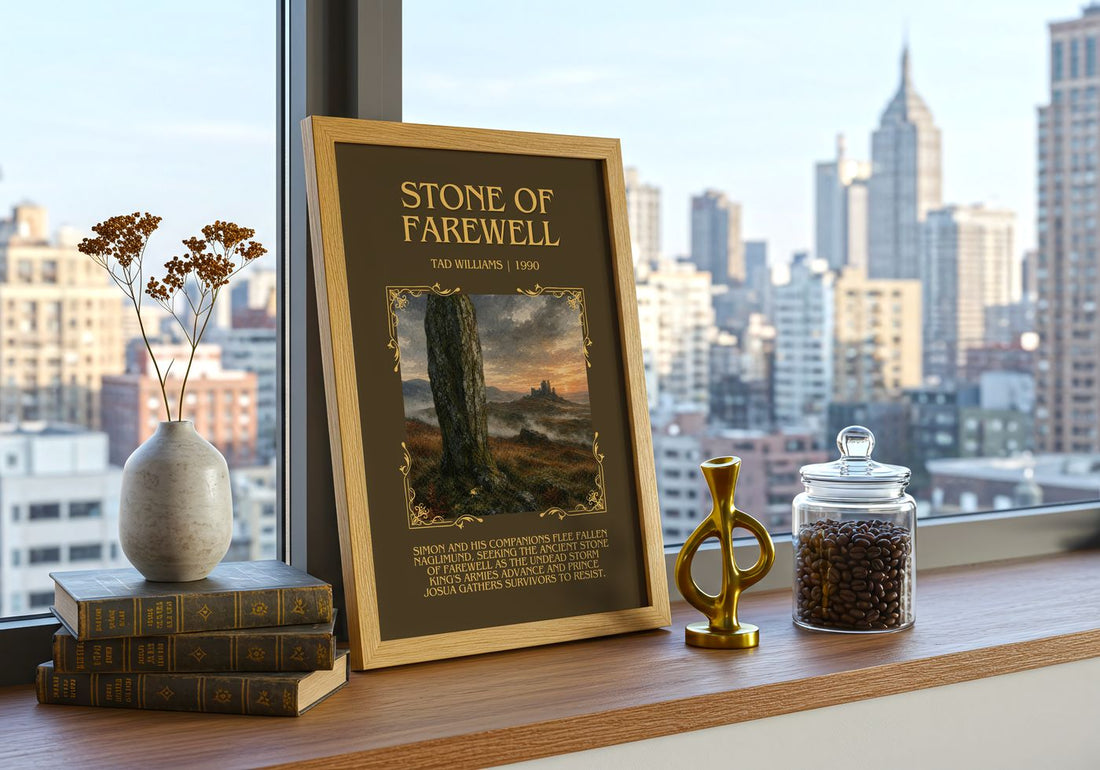 Stone of Farewell Minimalist Book Poster by Tad Williams – framed print on a city-view windowsill