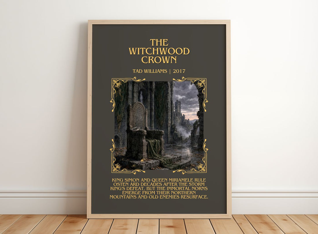 The Witchwood Crown Minimalist Book Poster by Tad Williams – framed print leaning on a wooden floor