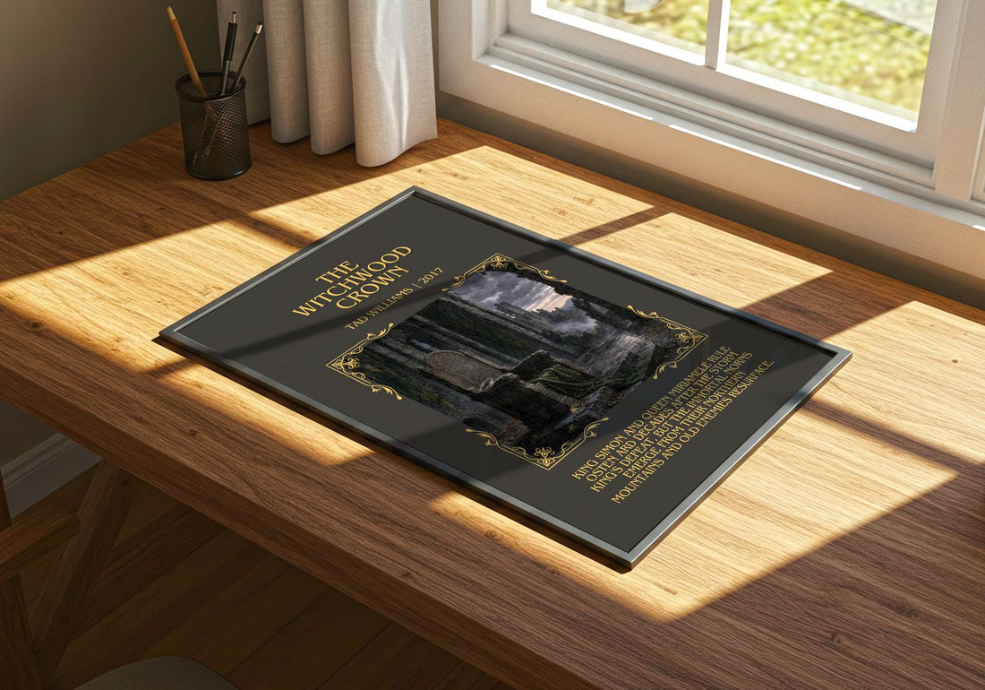 The Witchwood Crown Minimalist Book Poster by Tad Williams – print on a sunlit desk