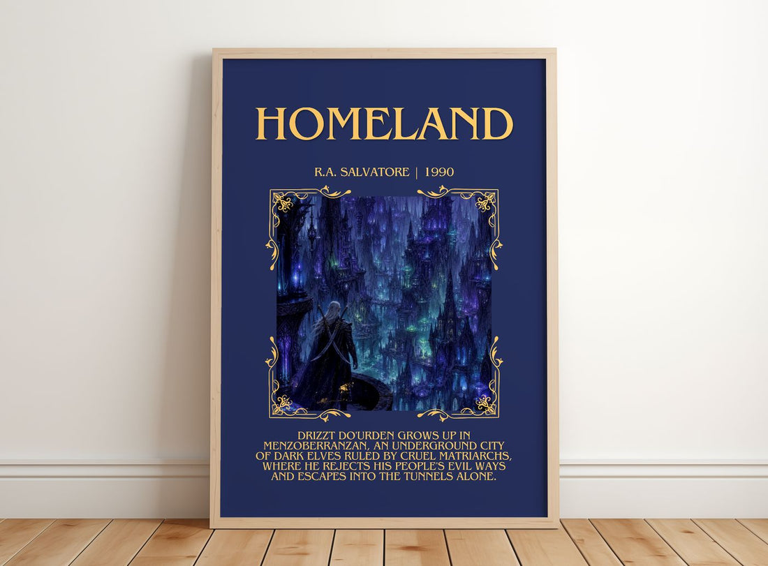 Homeland Minimalist Book Poster by R.A. Salvatore – framed print leaning on a wooden floor