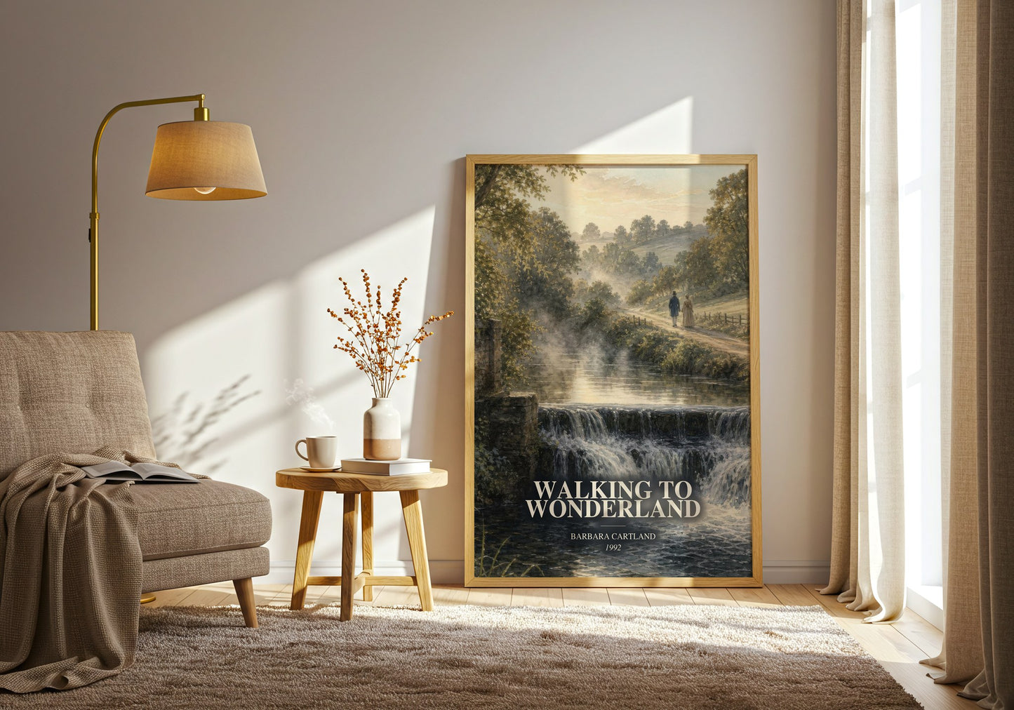 Walking To Wonderland watercolour print in frame leaning in hallway – romance wall art