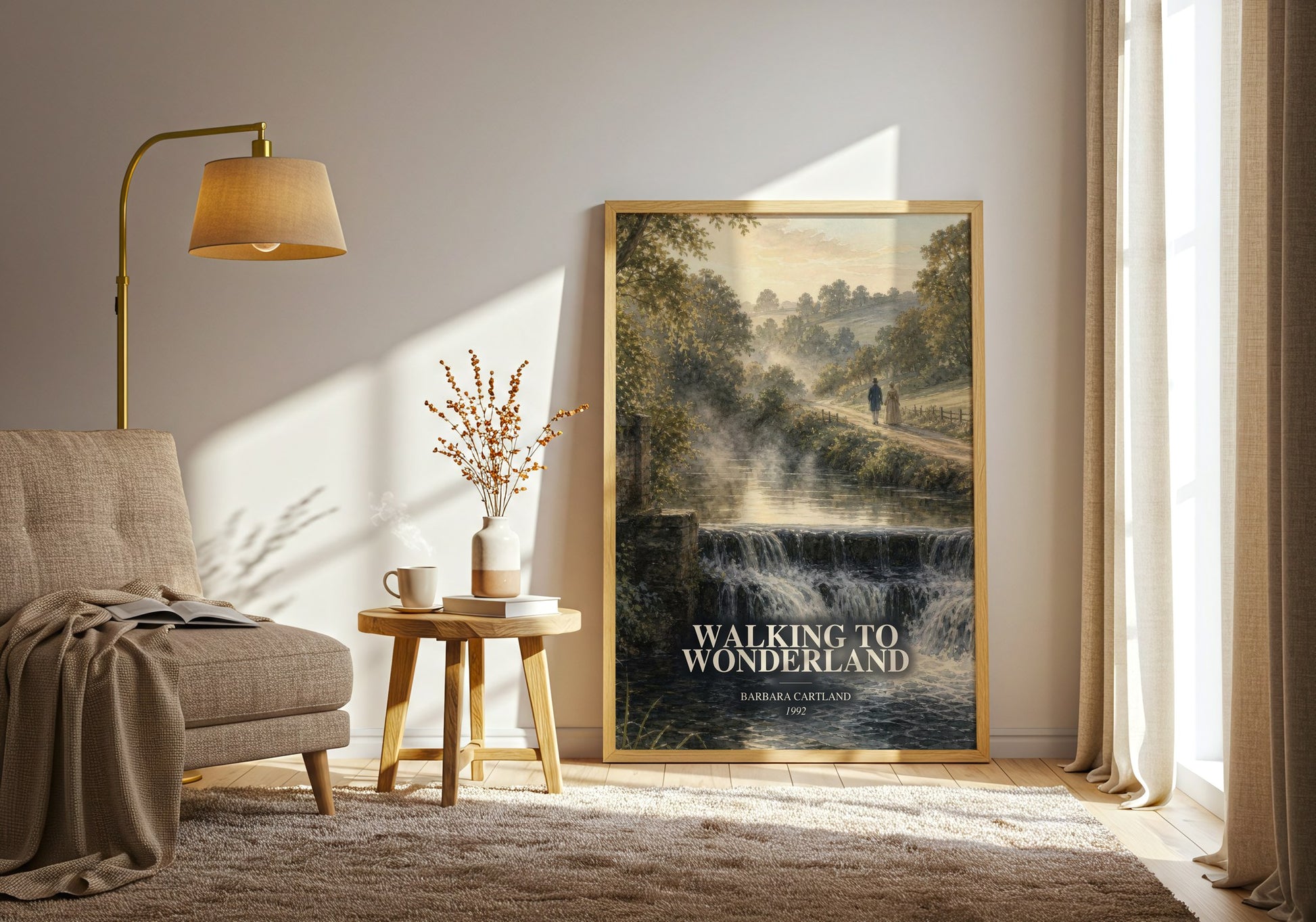 Walking To Wonderland watercolour print in frame leaning in hallway – romance wall art