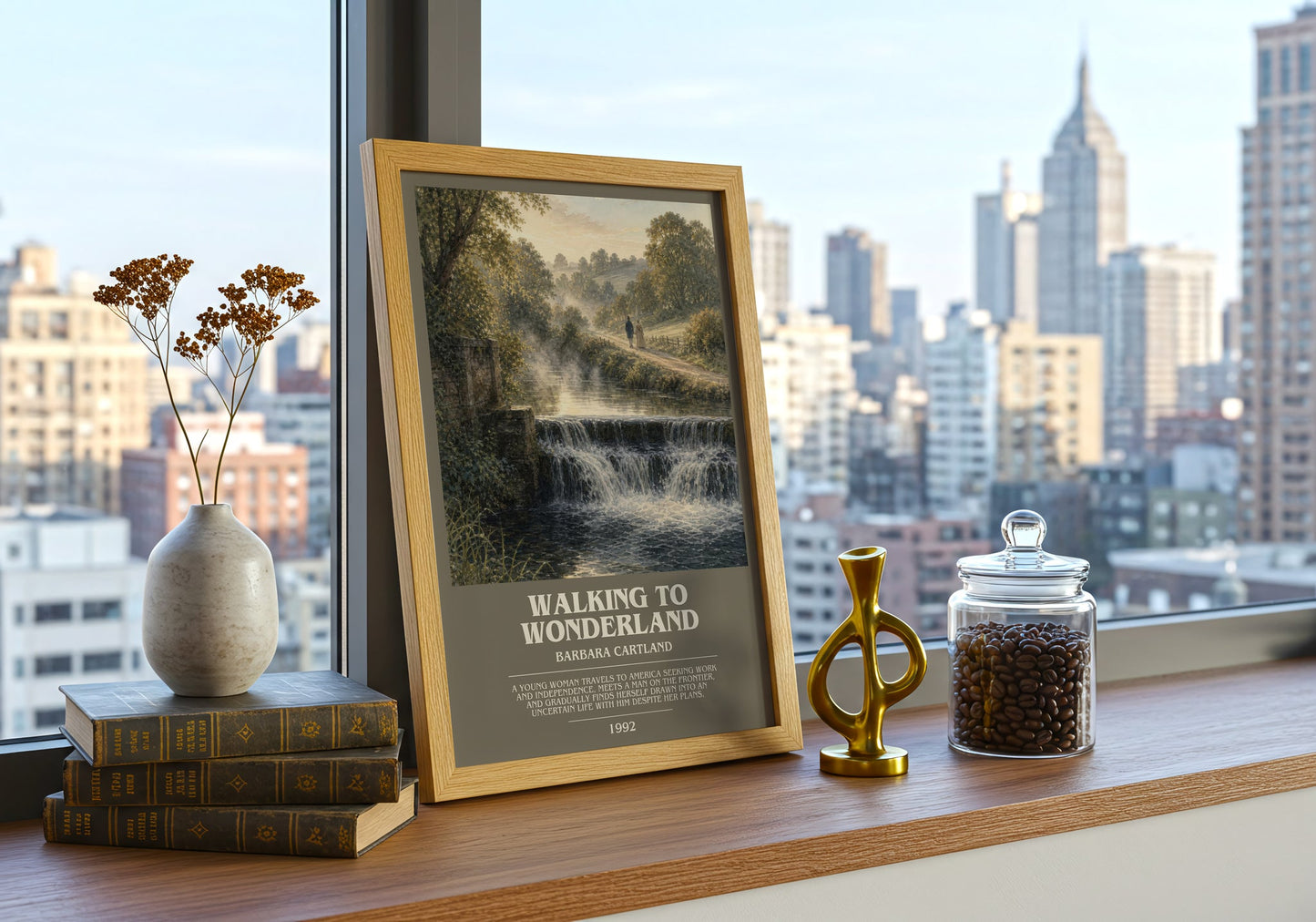 Walking To Wonderland bookish print framed by window – literary home decor
