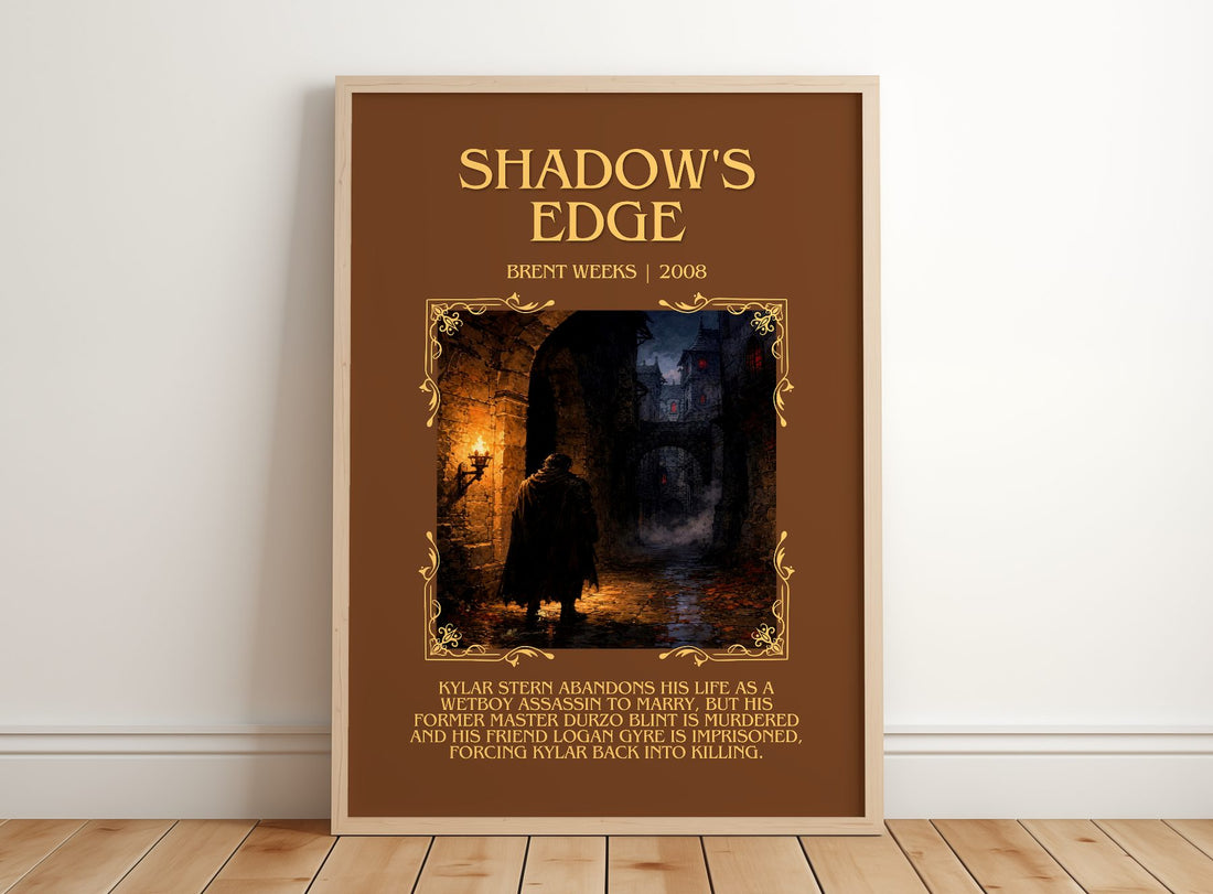 Shadow's Edge Minimalist Book Poster by Brent Weeks – framed print leaning on a wooden floor