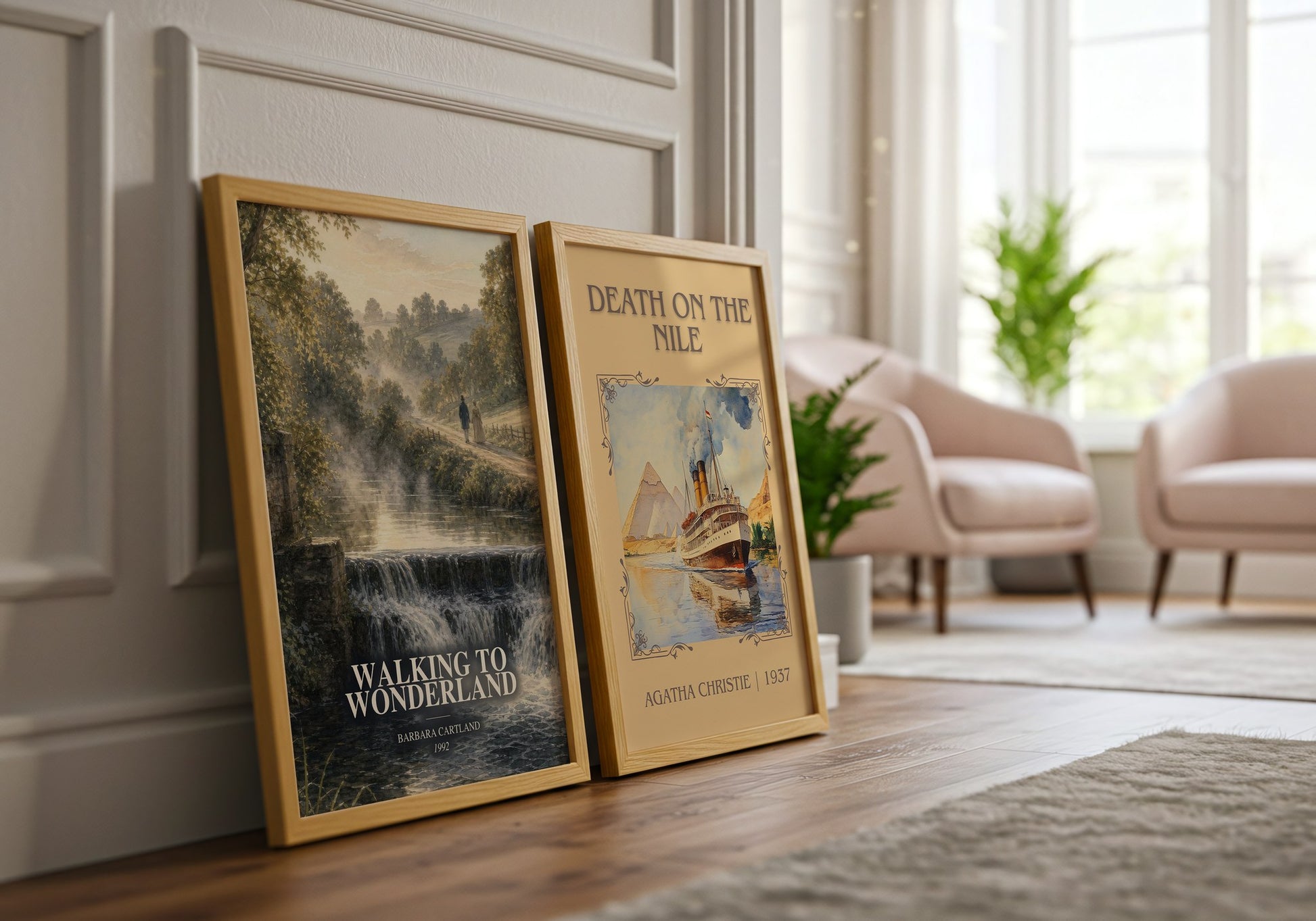 Walking To Wonderland watercolour print framed by window – literary home decor