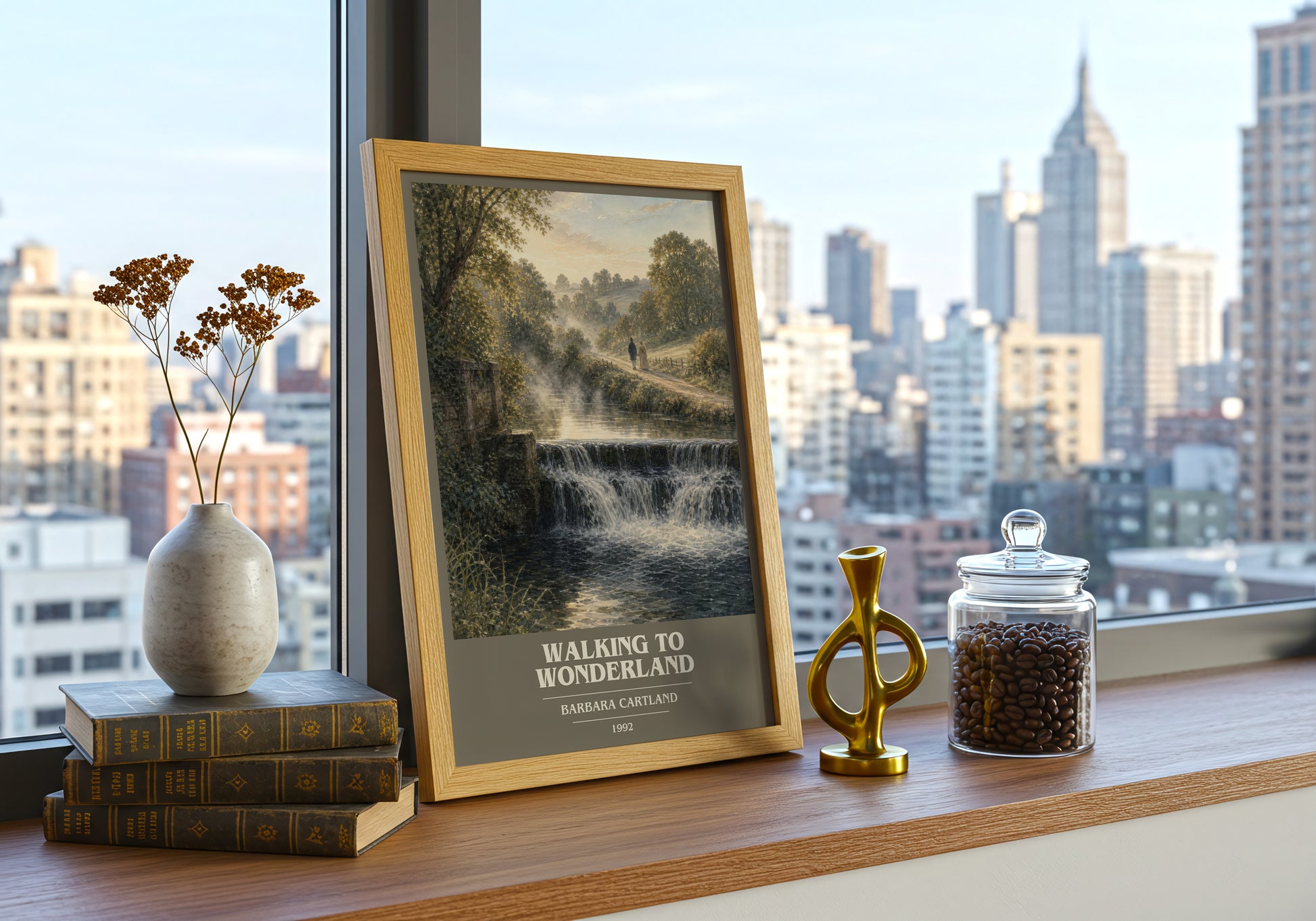 Walking To Wonderland book cover print framed by window – literary home decor