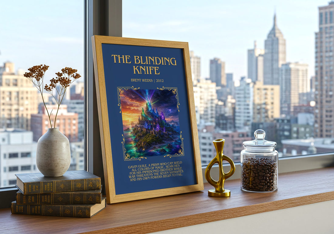 The Blinding Knife Minimalist Book Poster by Brent Weeks – framed print on a city-view windowsill
