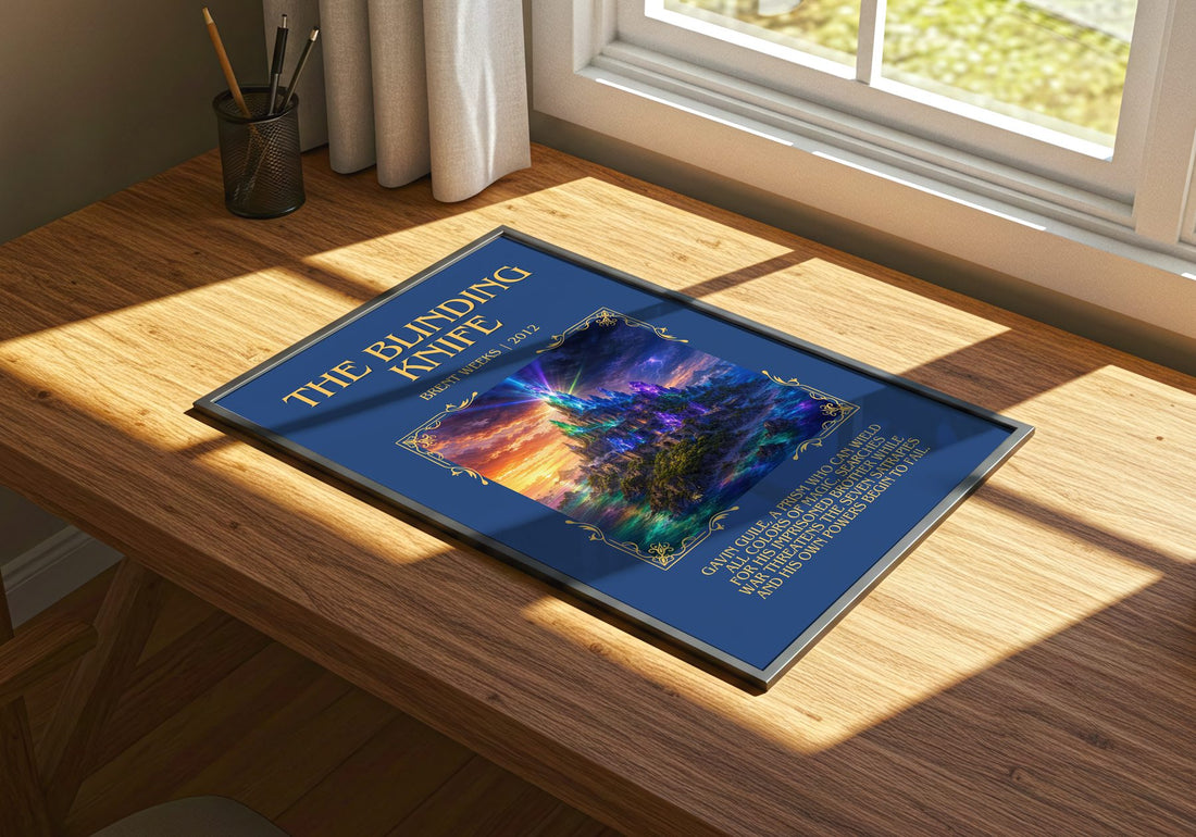 The Blinding Knife Minimalist Book Poster by Brent Weeks – print on a sunlit desk