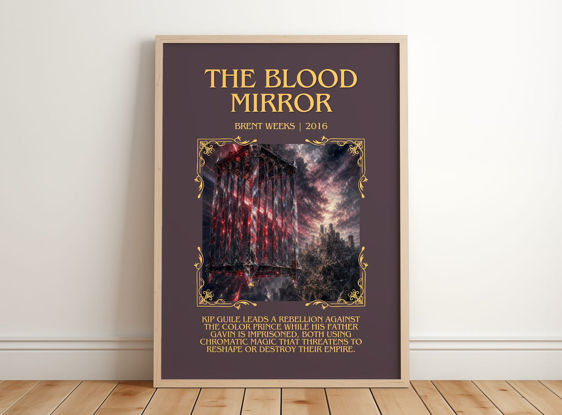 The Blood Mirror Minimalist Book Poster by Brent Weeks – framed print leaning on a wooden floor