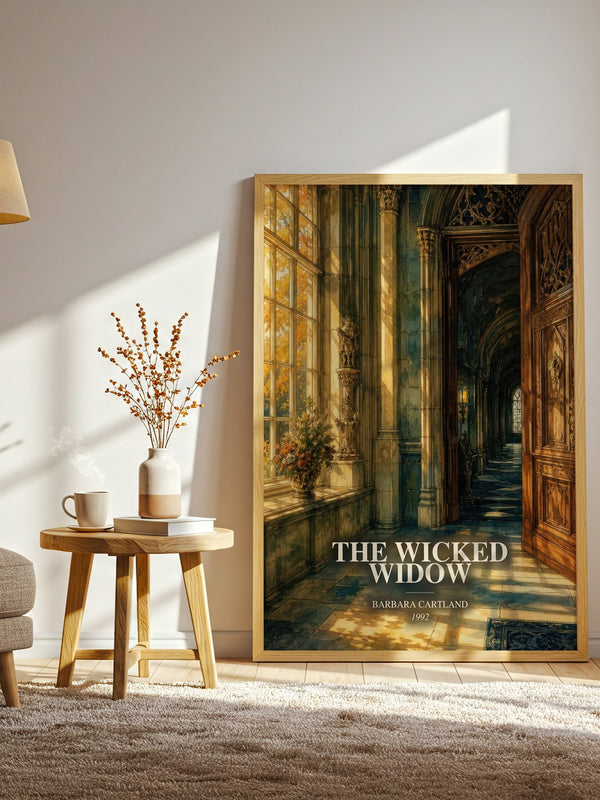 The Wicked Widow watercolour print in frame leaning in hallway – romance wall art