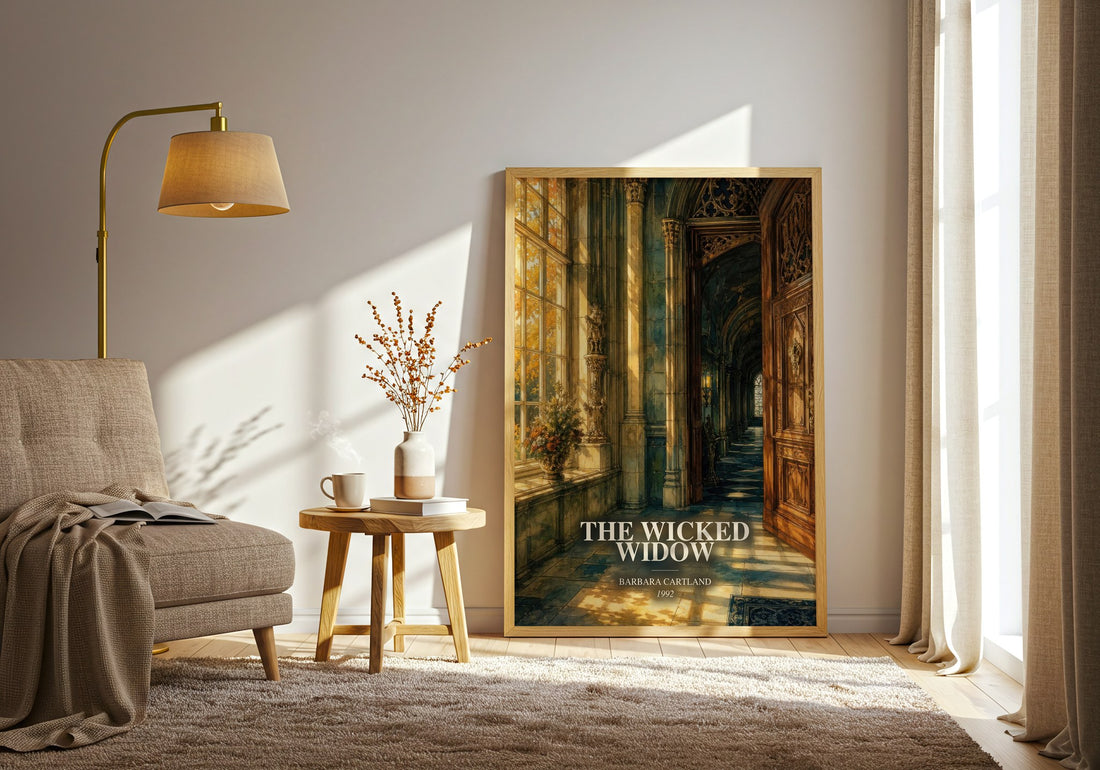 The Wicked Widow watercolour print in frame leaning in hallway – romance wall art (mockup)