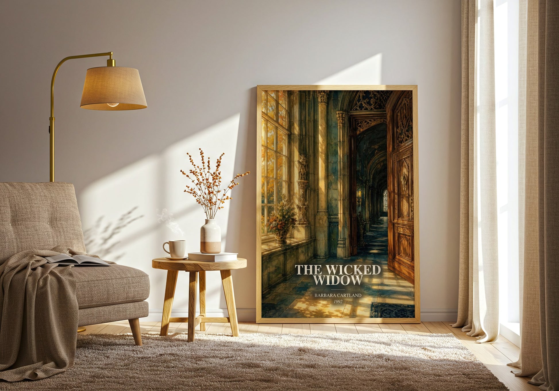 The Wicked Widow watercolour print in frame leaning in hallway – romance wall art