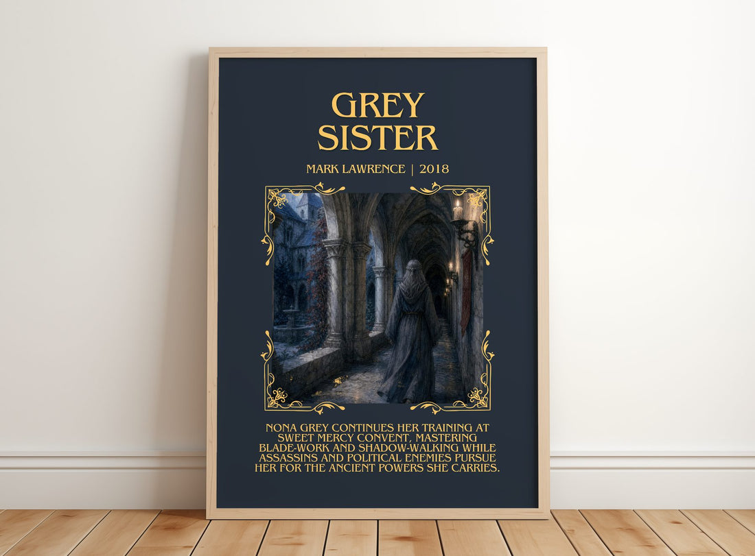Grey Sister Minimalist Book Poster by Mark Lawrence – framed print leaning on a wooden floor