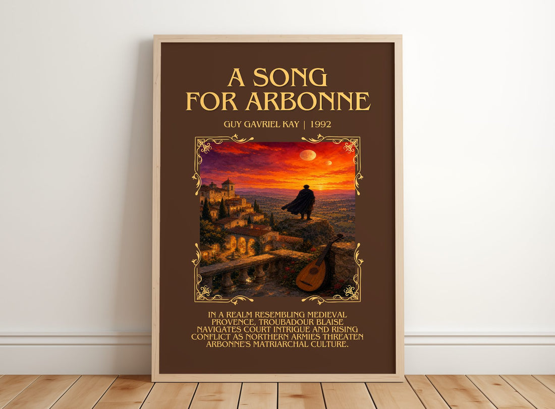 A Song for Arbonne Minimalist Book Poster by Guy Gavriel Kay – framed print leaning on a wooden floor