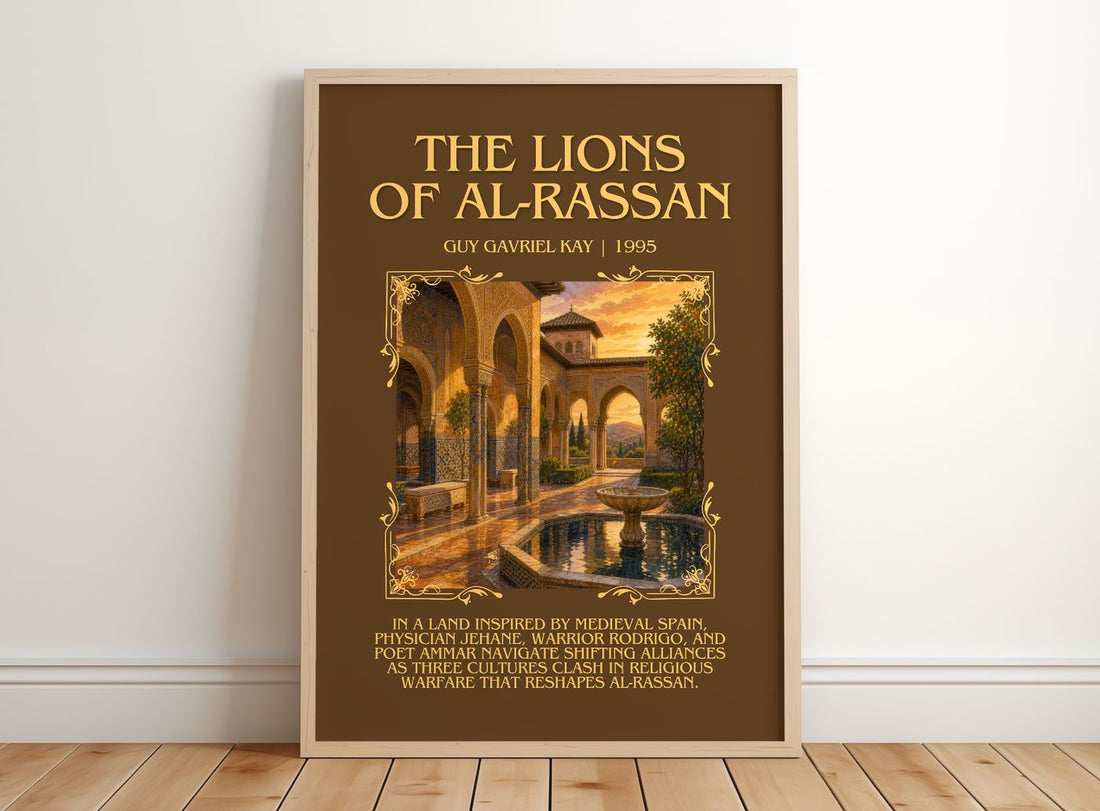 The Lions of Al-Rassan Minimalist Book Poster by Guy Gavriel Kay – framed print leaning on a wooden floor