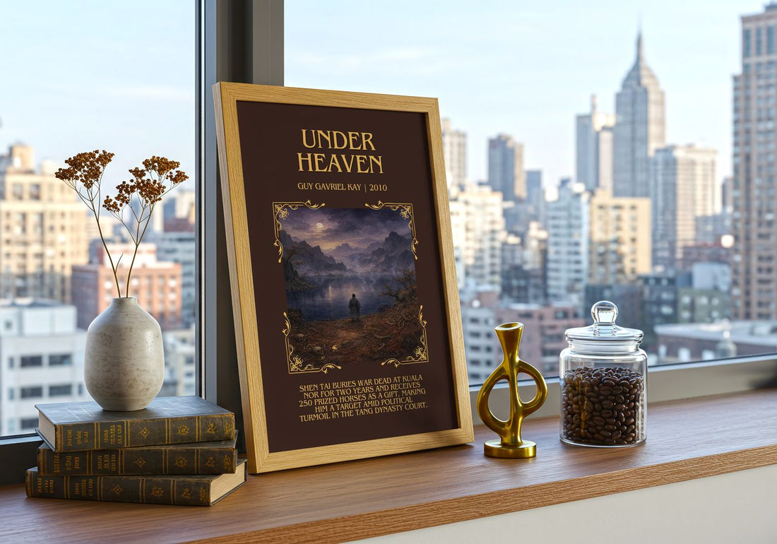 Under Heaven Minimalist Book Poster by Guy Gavriel Kay – framed print on a city-view windowsill