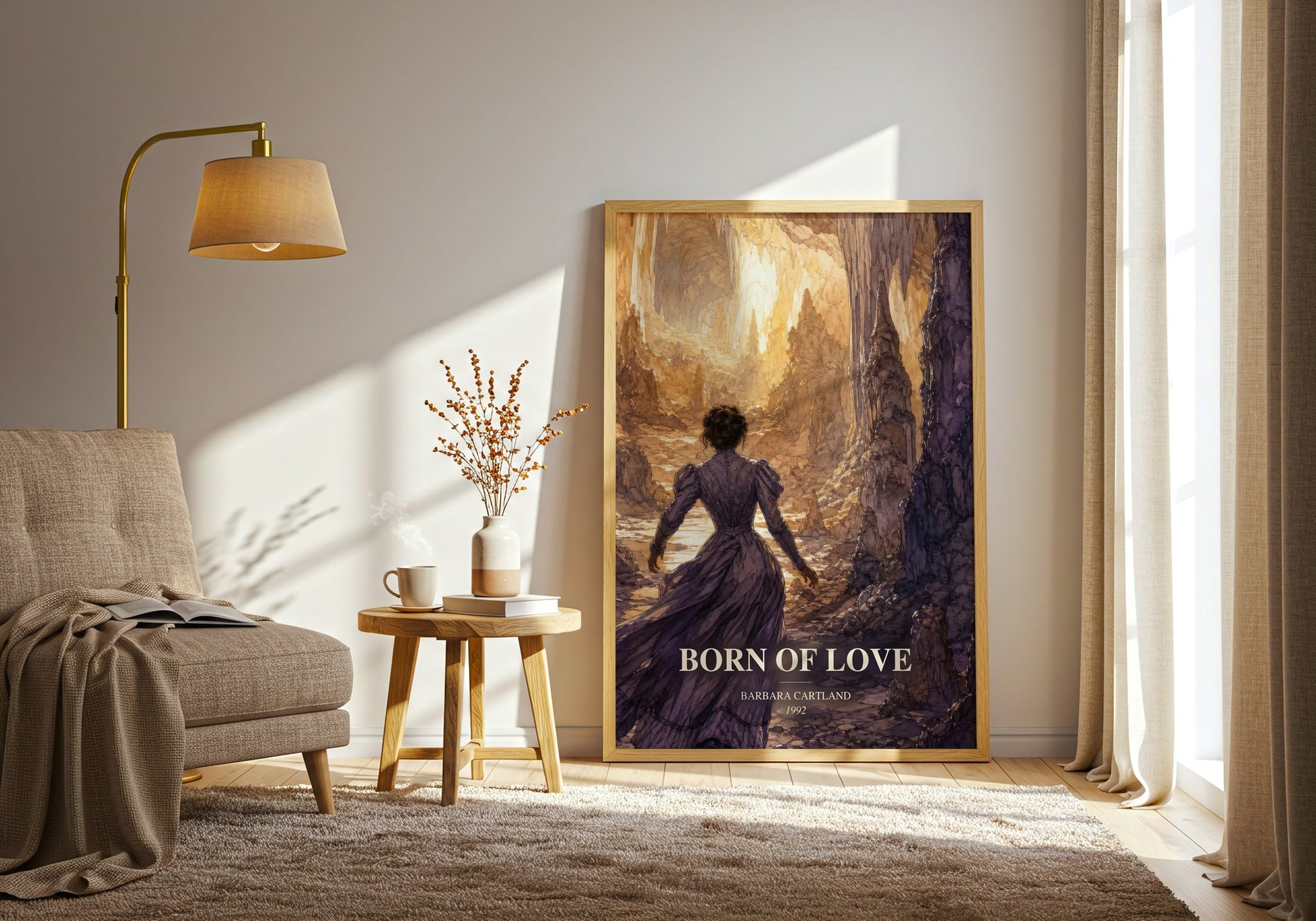 Born Of Love watercolour print in frame leaning in hallway – romance wall art