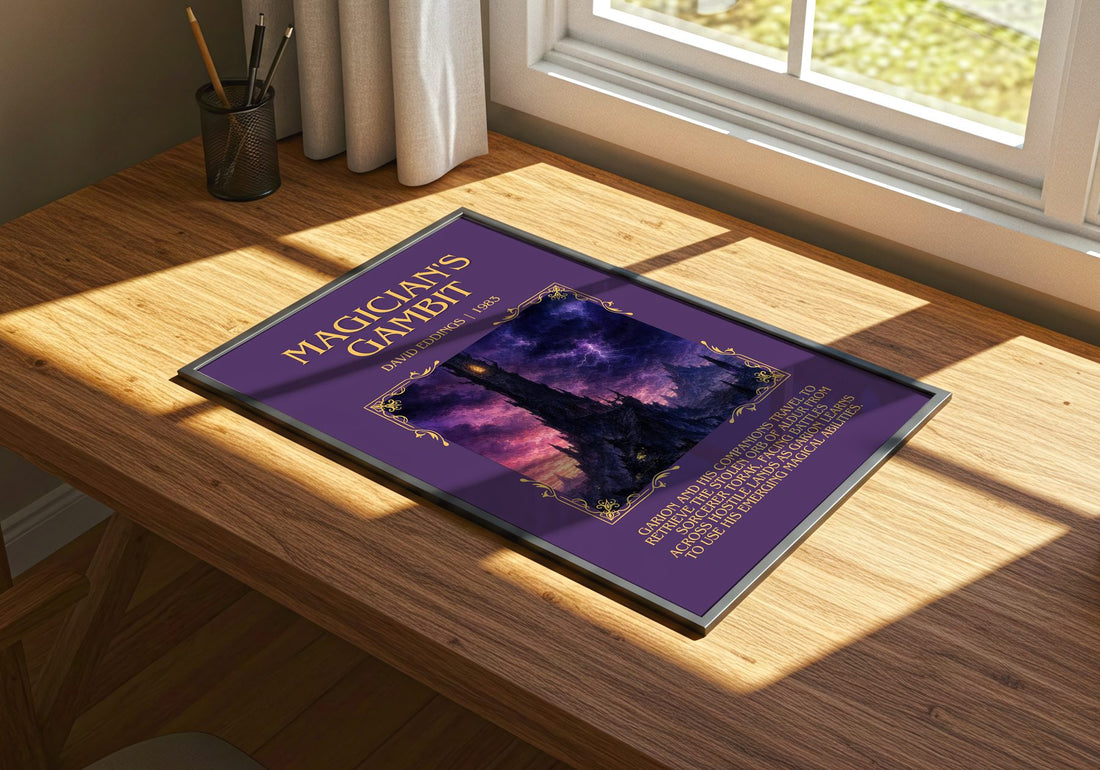 Magician's Gambit Minimalist Book Poster by David Eddings – print on a sunlit desk