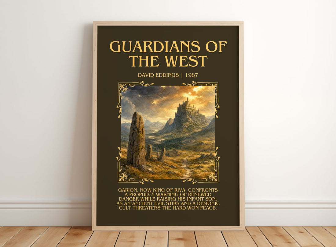 Guardians of the West Minimalist Book Poster by David Eddings – framed print leaning on a wooden floor