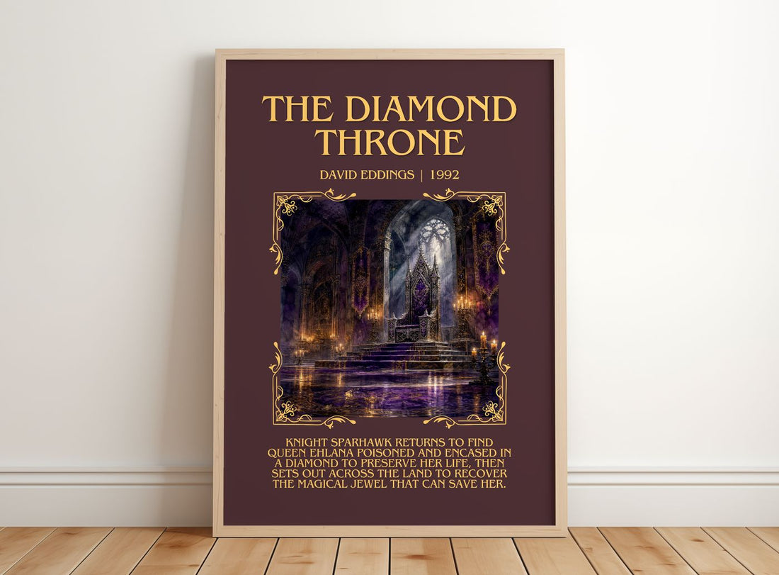The Diamond Throne Minimalist Book Poster by David Eddings – framed print leaning on a wooden floor