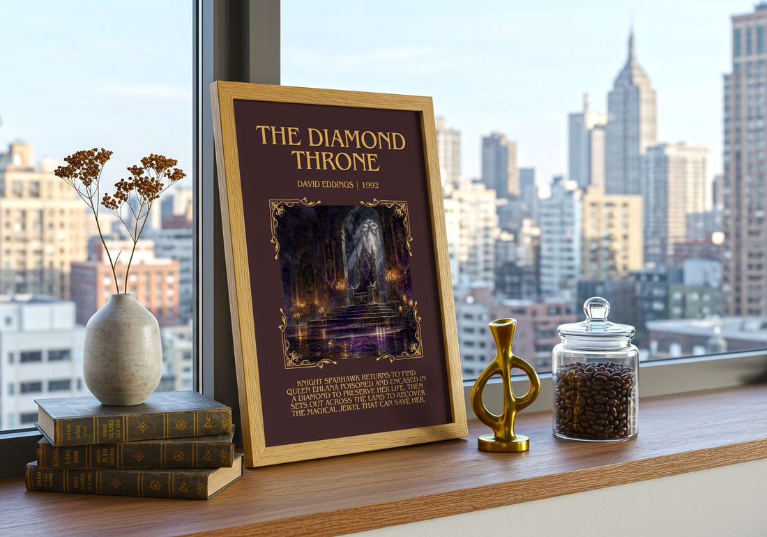 The Diamond Throne Minimalist Book Poster by David Eddings – framed print on a city-view windowsill