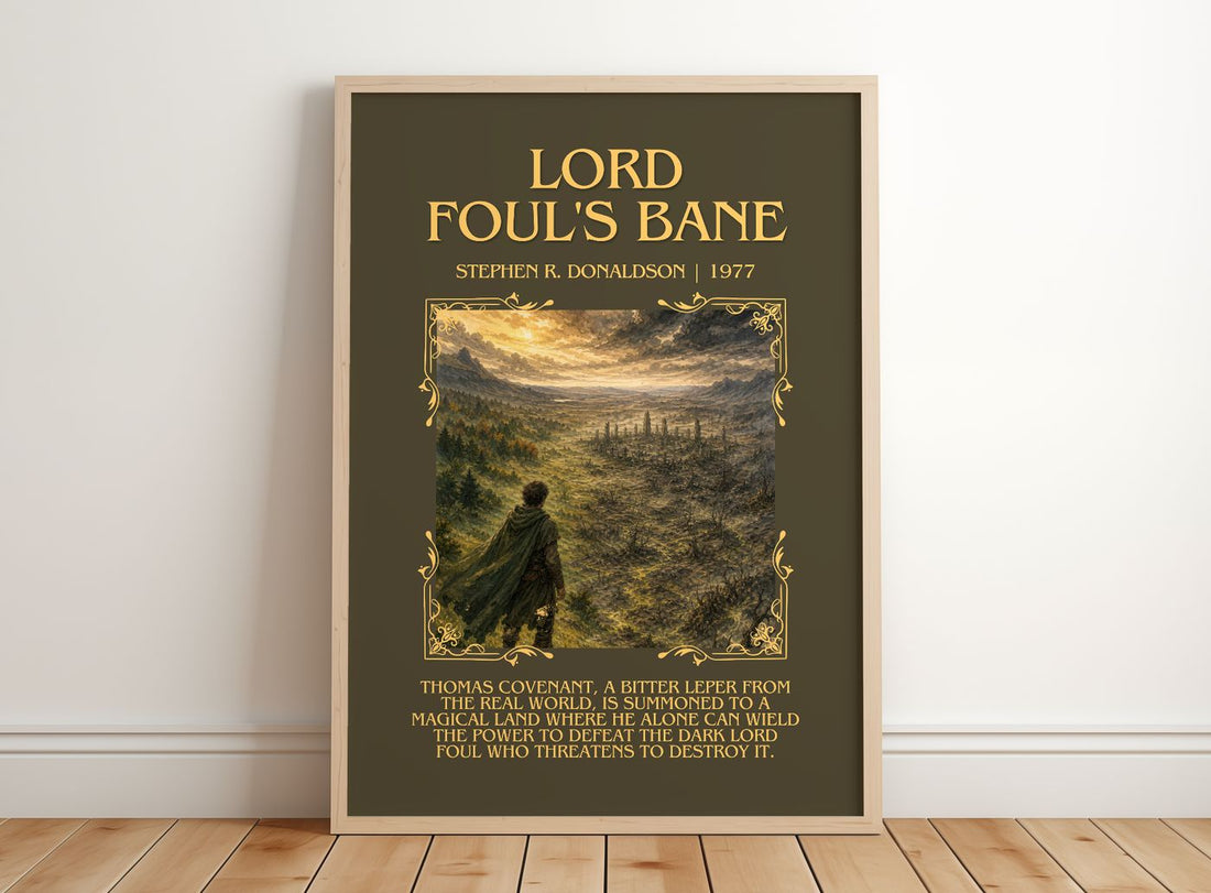 Lord Foul's Bane Minimalist Book Poster by Stephen R. Donaldson – framed print leaning on a wooden floor
