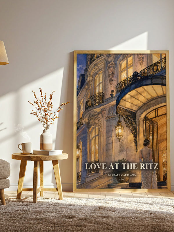 Love At The Ritz watercolour print in frame leaning in hallway – romance wall art
