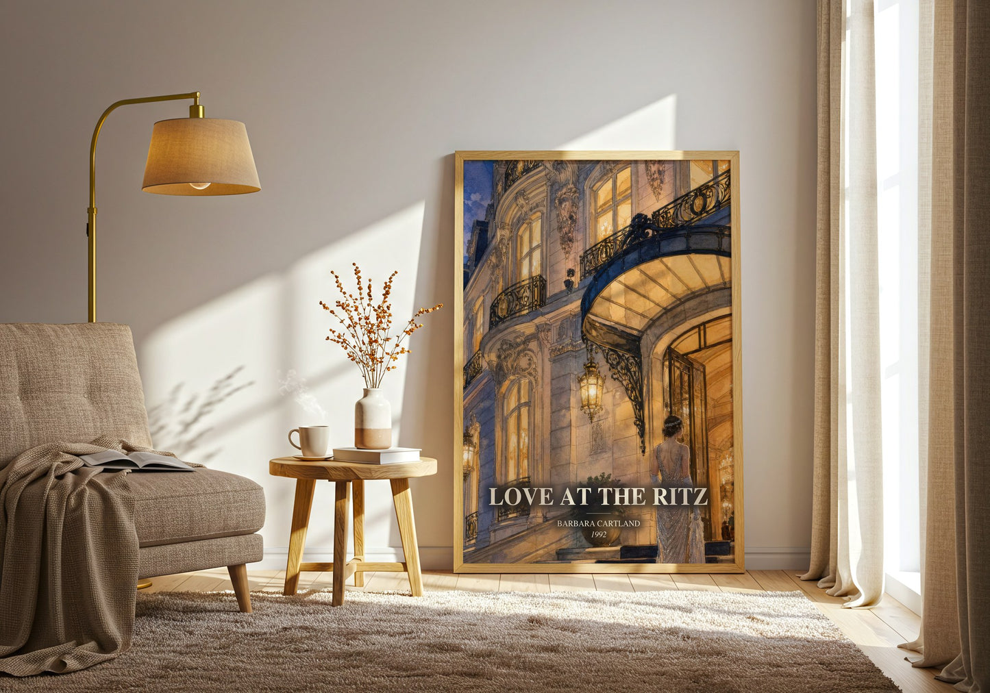 Love At The Ritz watercolour print in frame leaning in hallway – romance wall art