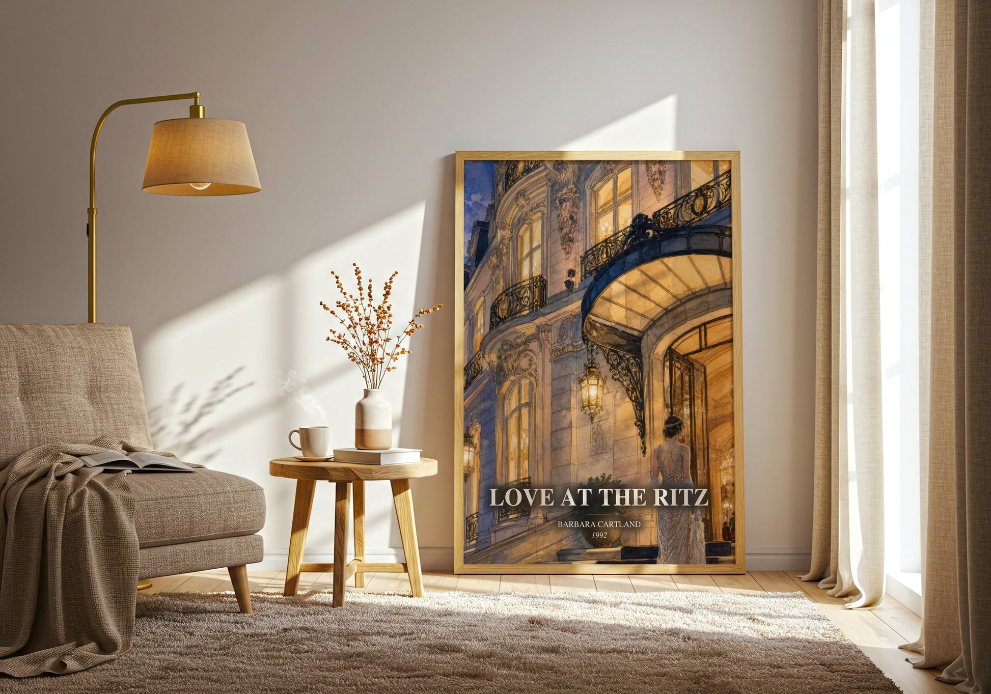 Love At The Ritz watercolour print in frame leaning in hallway – romance wall art