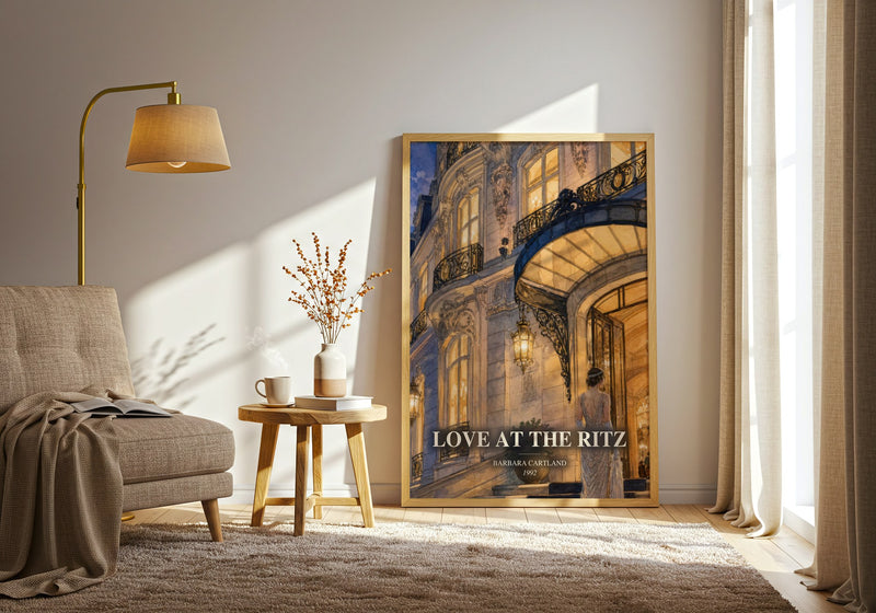 Love At The Ritz watercolour print in frame leaning in hallway – romance wall art