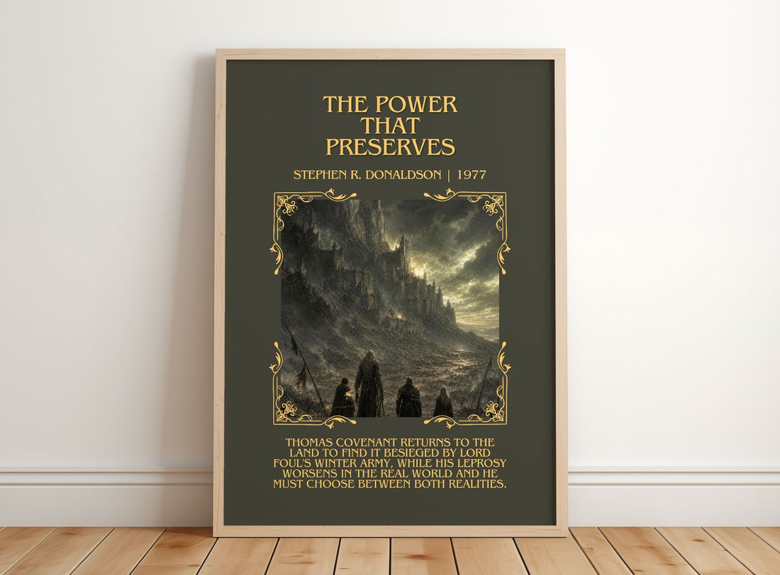 Power That Preserves Minimalist Book Poster by Stephen R. Donaldson – framed print leaning on a wooden floor