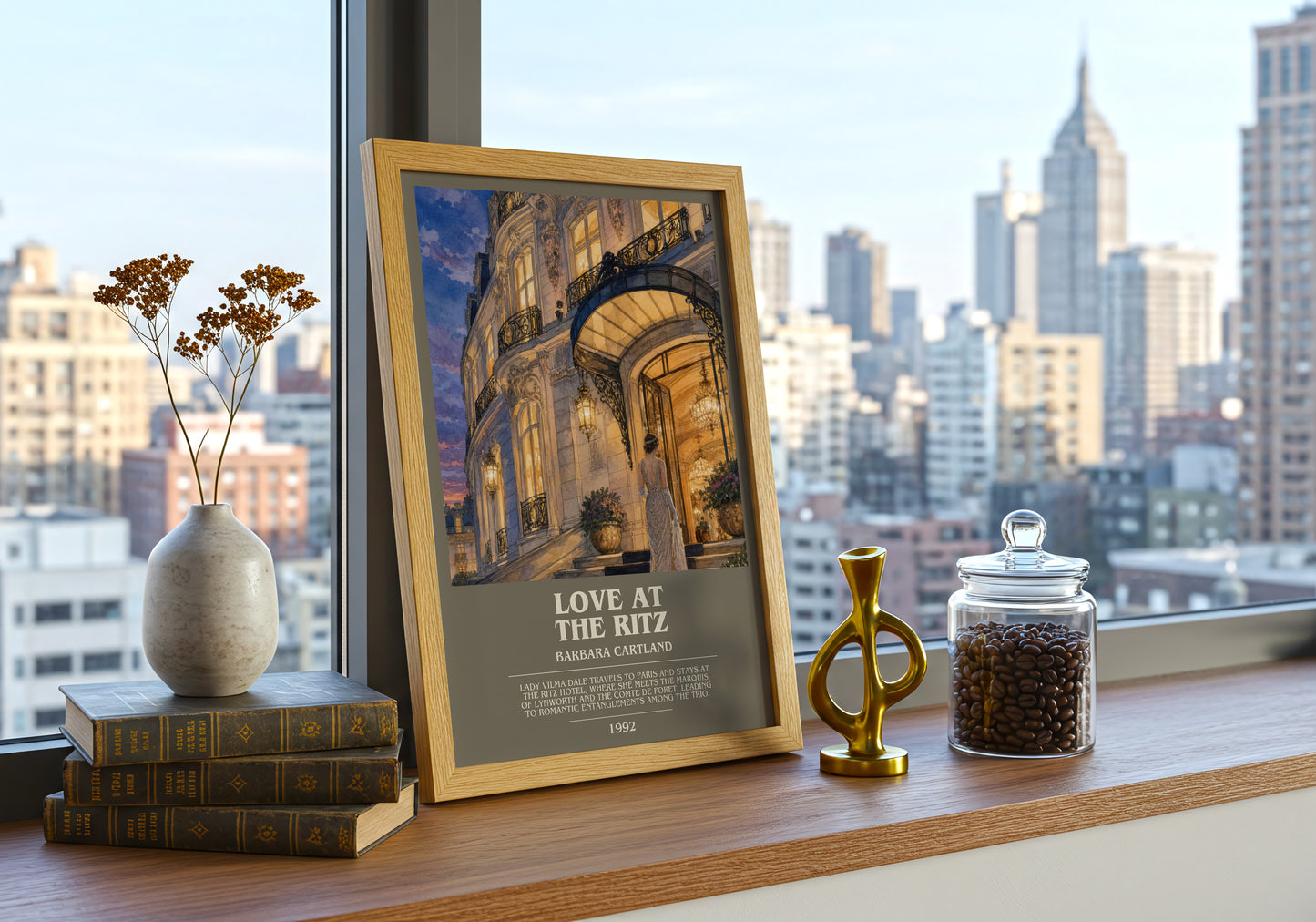 Love At The Ritz bookish print framed by window – literary home decor