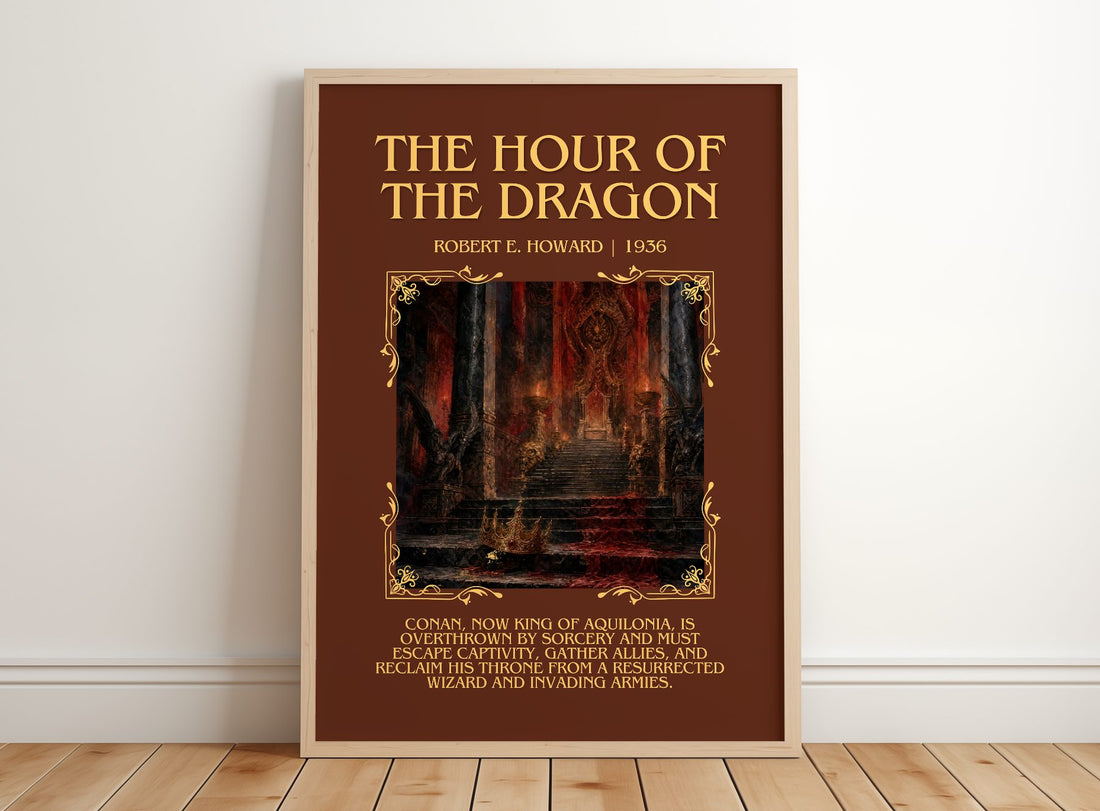 The Hour of the Dragon Minimalist Book Poster by Robert E. Howard – framed print leaning on a wooden floor