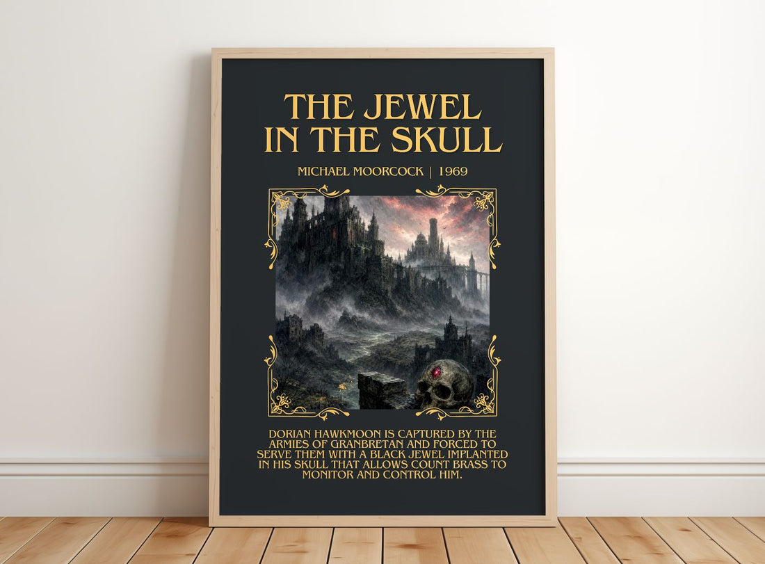 The Jewel in the Skull Minimalist Book Poster by Michael Moorcock – framed print leaning on a wooden floor