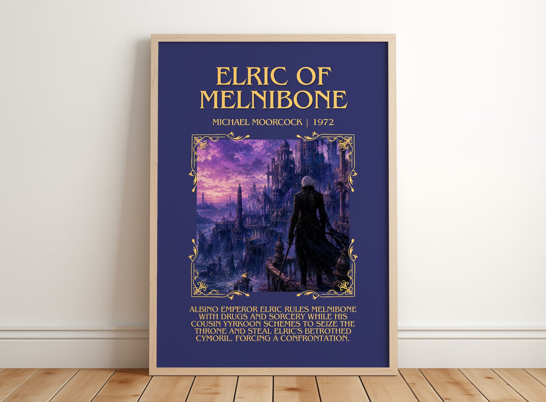 Elric of Melniboné Minimalist Book Poster by Michael Moorcock – framed print leaning on a wooden floor