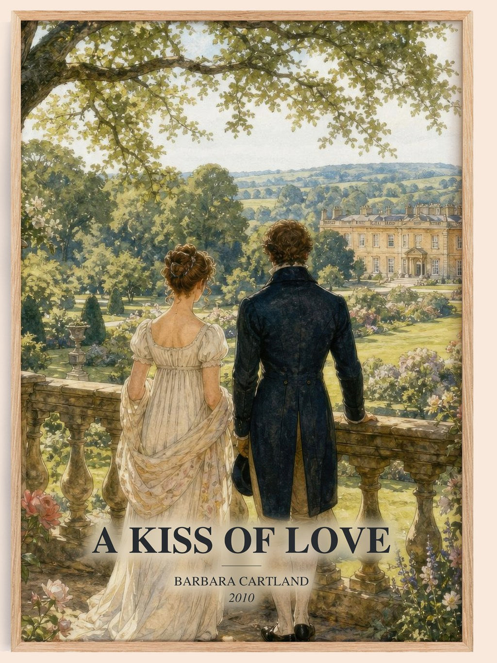 A Kiss Of Love watercolour book poster by Barbara Cartland – framed literary art print