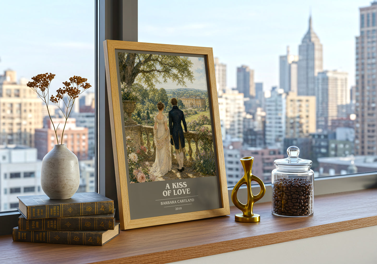 A Kiss Of Love book cover print framed by window – literary home decor