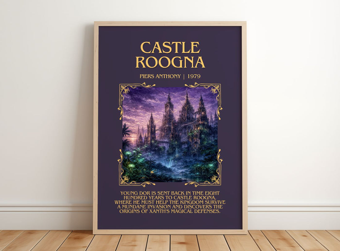 Castle Roogna Minimalist Book Poster by Piers Anthony – framed print leaning on a wooden floor