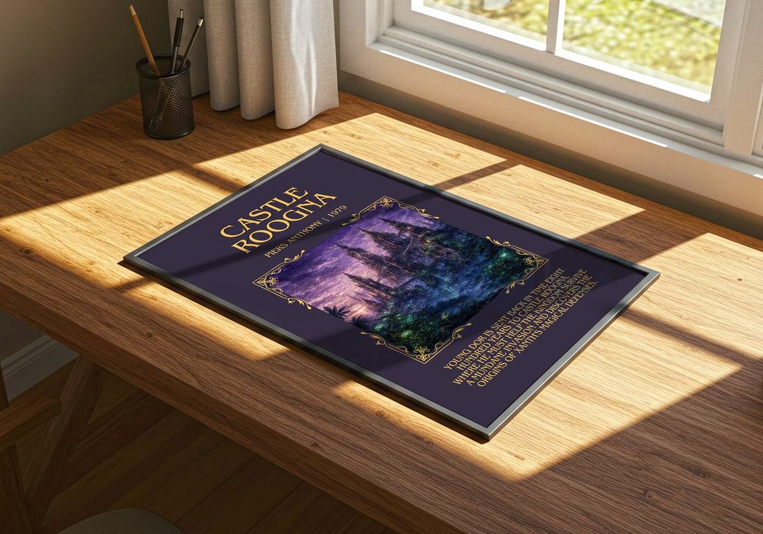 Castle Roogna Minimalist Book Poster by Piers Anthony – print on a sunlit desk