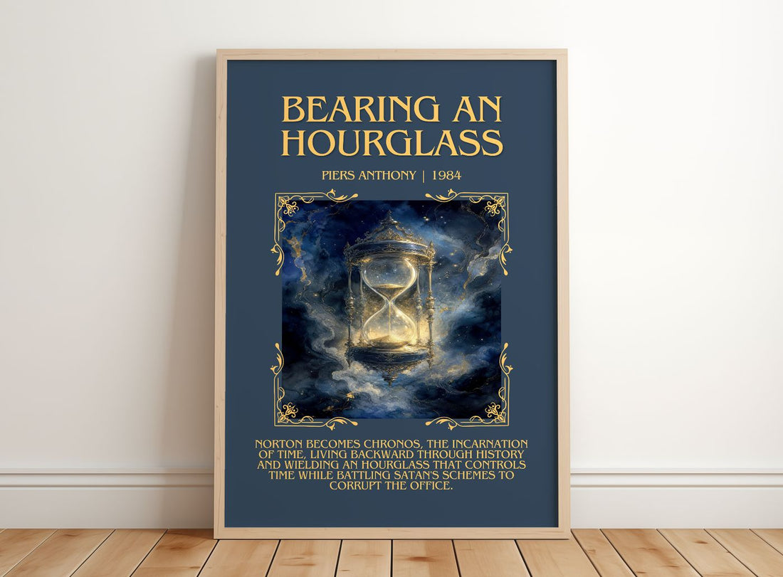 Bearing an Hourglass Minimalist Book Poster by Piers Anthony – framed print leaning on a wooden floor