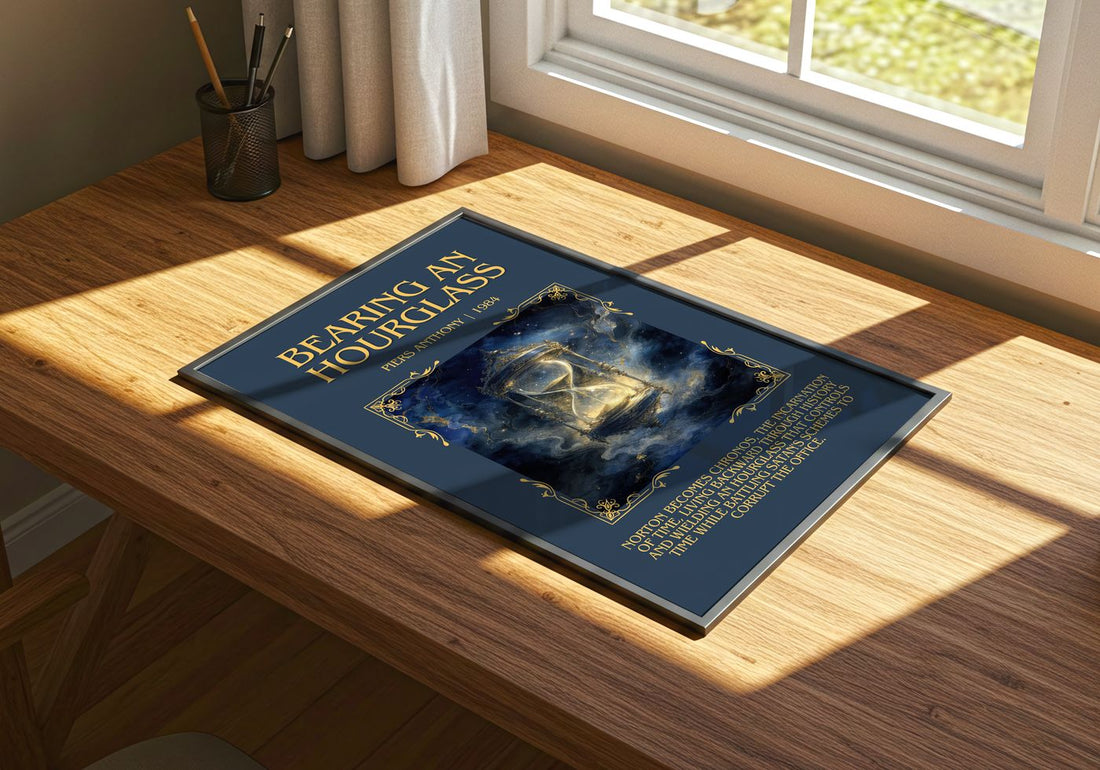 Bearing an Hourglass Minimalist Book Poster by Piers Anthony – print on a sunlit desk