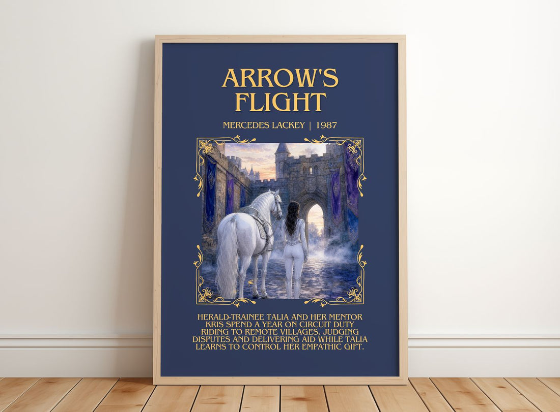 Arrow's Flight Minimalist Book Poster by Mercedes Lackey – framed print leaning on a wooden floor