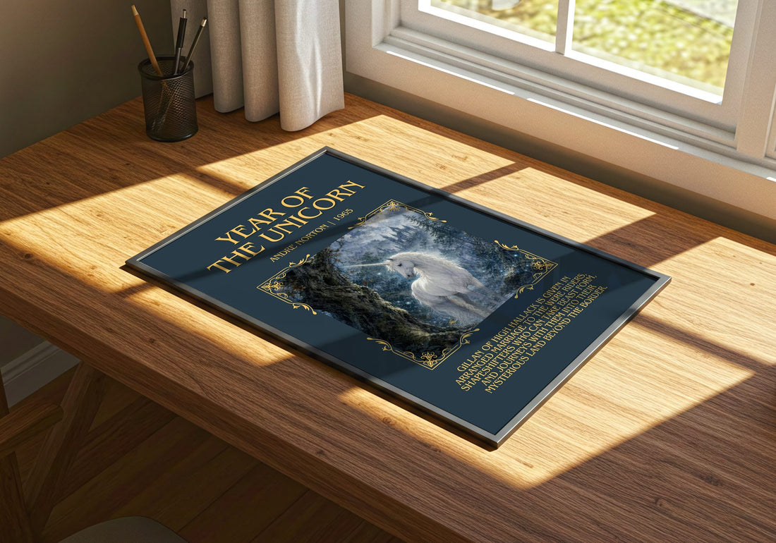 Year of the Unicorn Minimalist Book Poster by Andre Norton – print on a sunlit desk