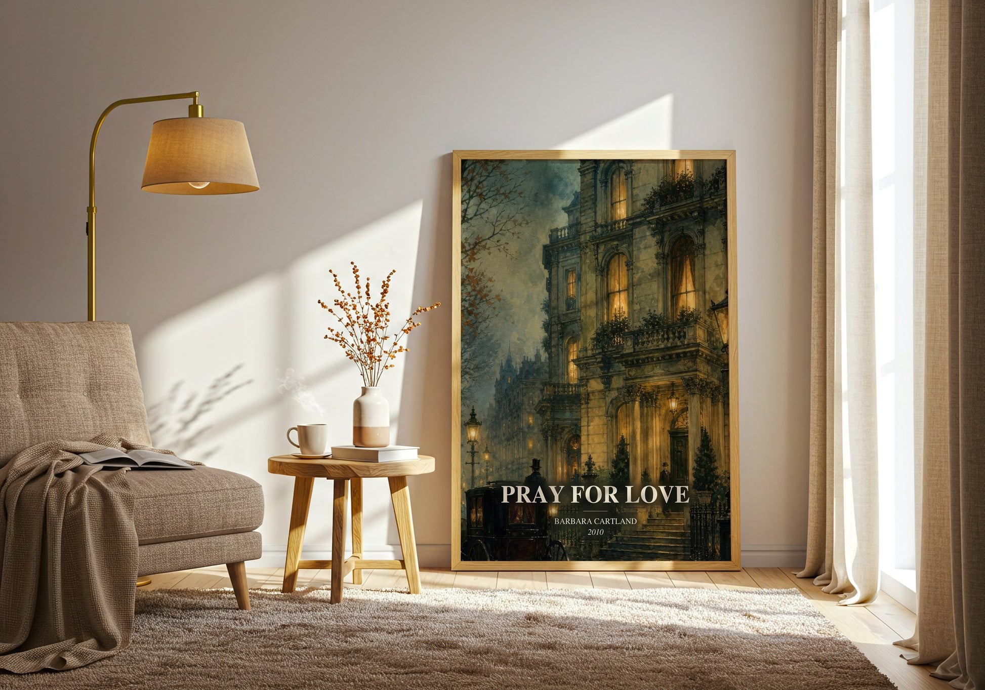 Pray For Love watercolour print in frame leaning in hallway – romance wall art